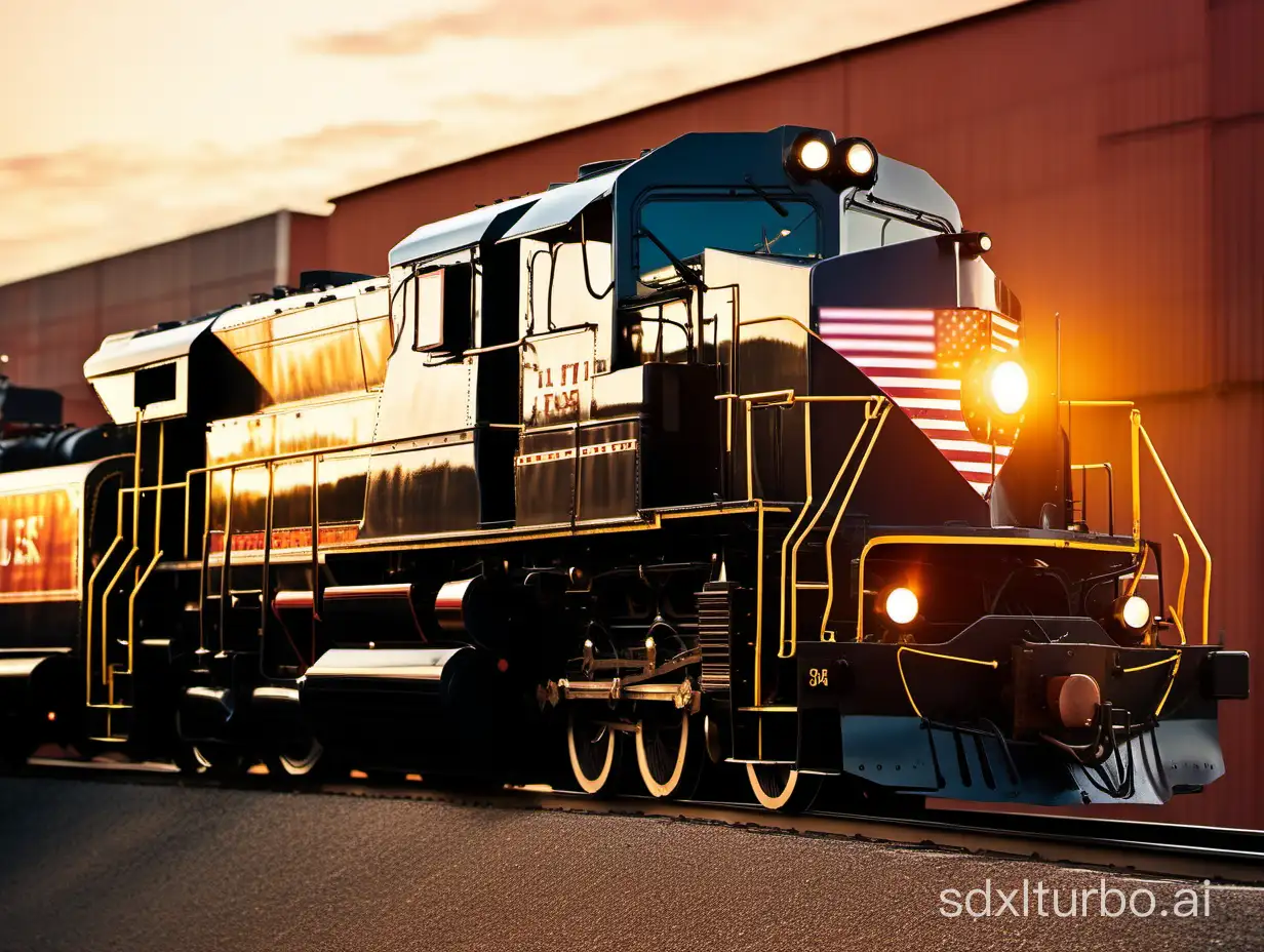 American-style locomotive, with warm sunset light on the locomotive, close-up shooting, light depth of field, blurred background other than the locomotive