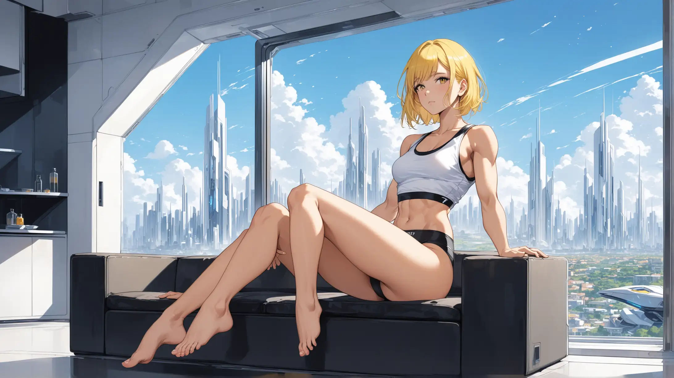 sexy fit 24 year old hero girl, short chin length yellow hair, sitting on edge of couch in futuristic apartment, wearing short white tank top, sexy muscular midriff, black panties, barefoot, blue sky and futuristic town in background through window,  yellow black white 3 color minimal design