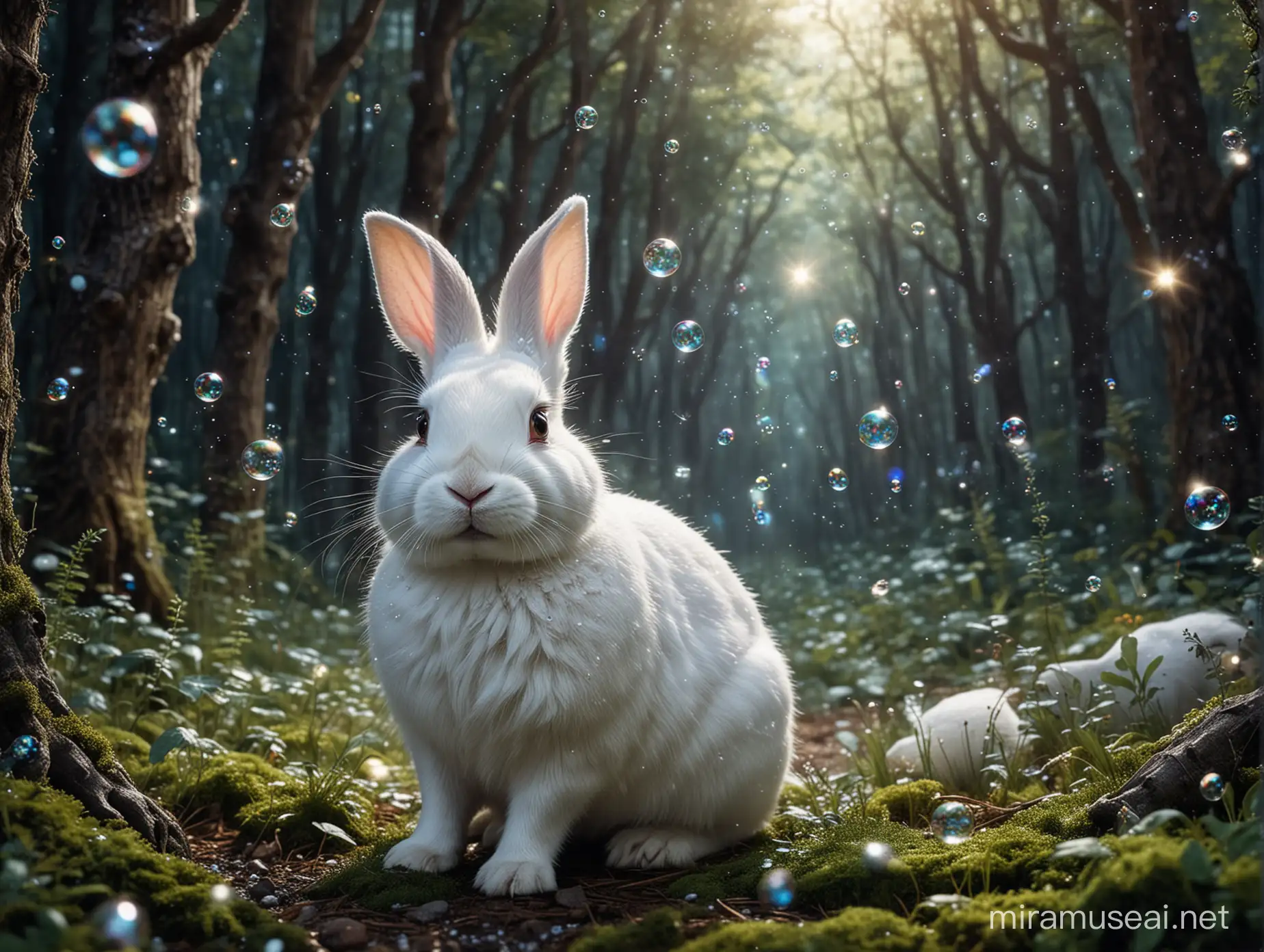 lapin blanc dans une forêt magique avec des bulles et des paillettes qui flottent partout. Il fait nuit lumineux