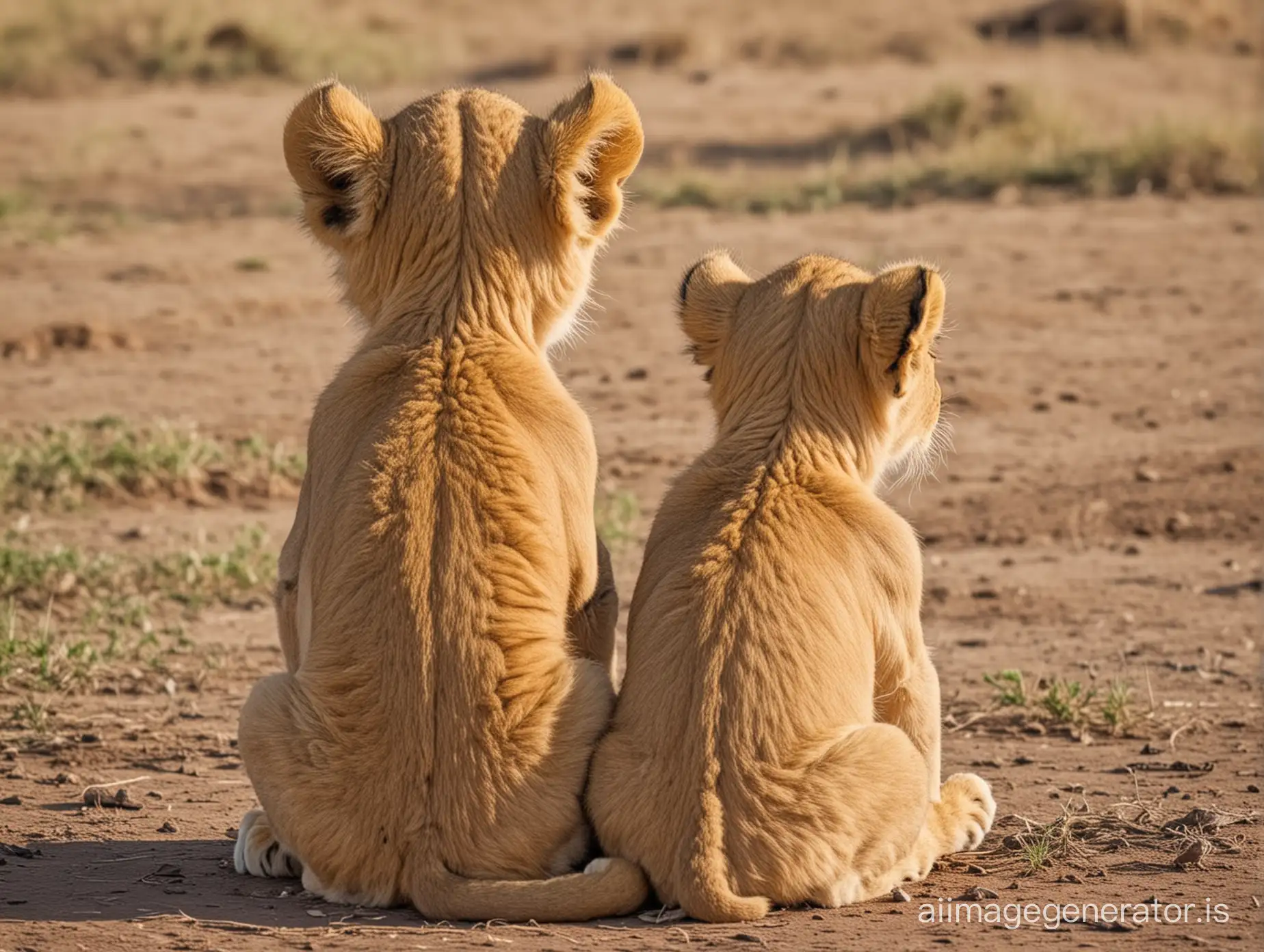 a lions cub sit in front backview