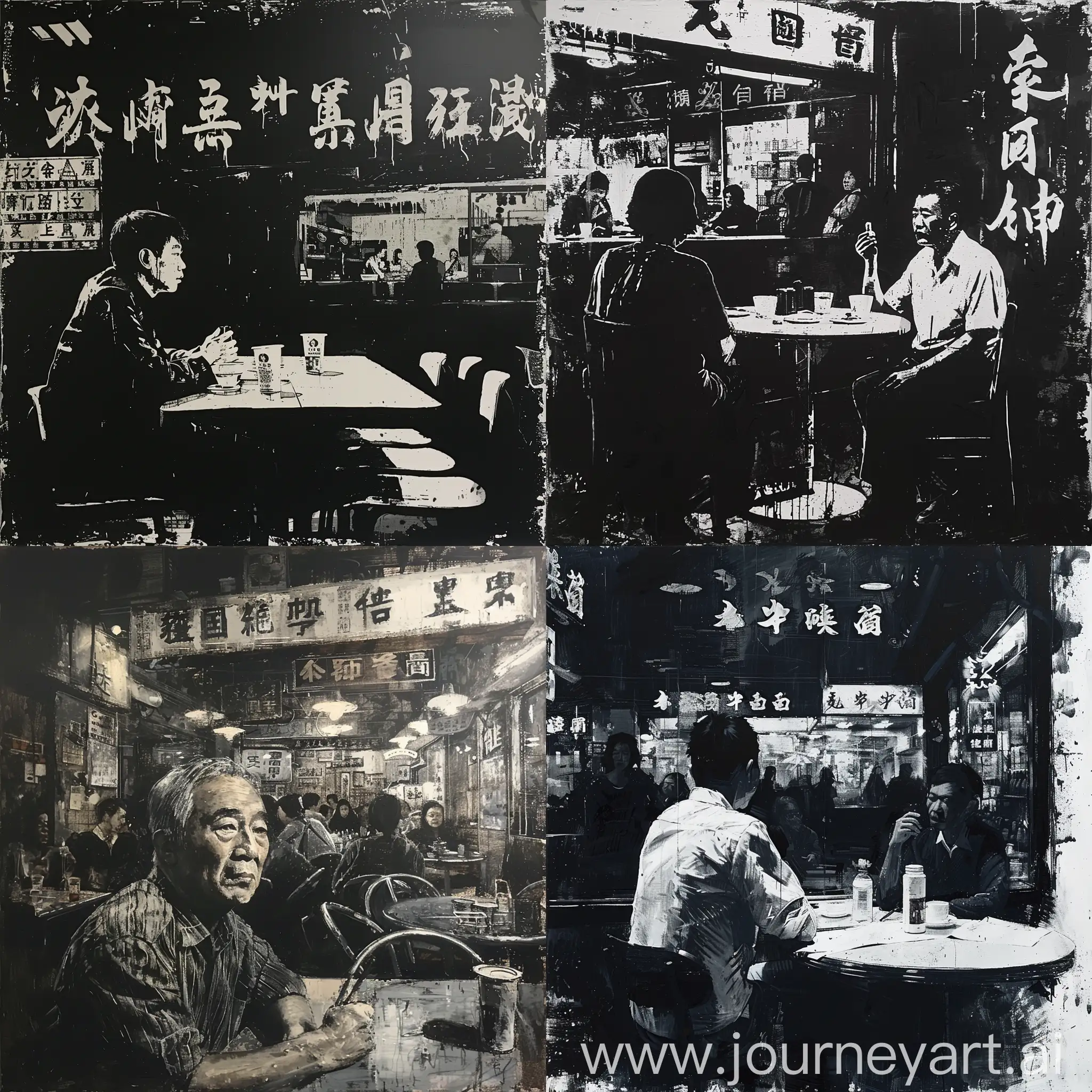 a picture of "a chinese interviewed in a hong kong diner" by wong kar wai, dry brush, white on black background 