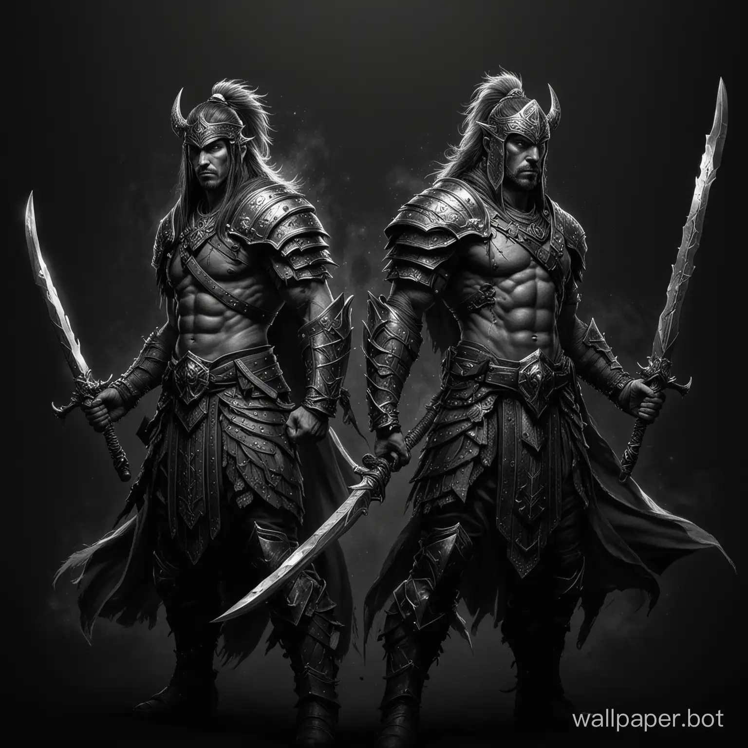 нарисуй двух фэнтези воинов на черном фоне