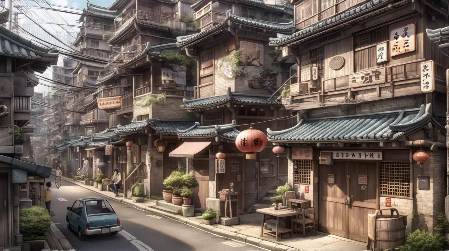 Generate concept art for a fictional anime setting in a Japanese small town, lightly inspired by Kowloon Walled City. Envision a charming small town atmosphere with traditional elements like cars, streets, and local businesses. Infuse a subtle touch of Kowloon-inspired architecture, incorporating unique structures that are creatively stacked or intertwined. Aim for a harmonious blend where 20% of the setting draws inspiration from the chaotic yet intriguing elements of Kowloon Walled City, while the remaining 80% maintains the quaint and traditional charm of a small Japanese town. Pay attention to details that capture the balance between these two influences, creating a visually engaging and distinctive anime setting.