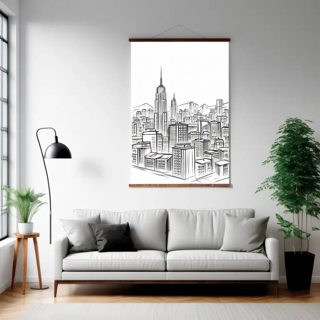 Urban city apartment loft Style Living Room Wooden Poster Mockup. white wall and landscape positioning artwork on wall. 