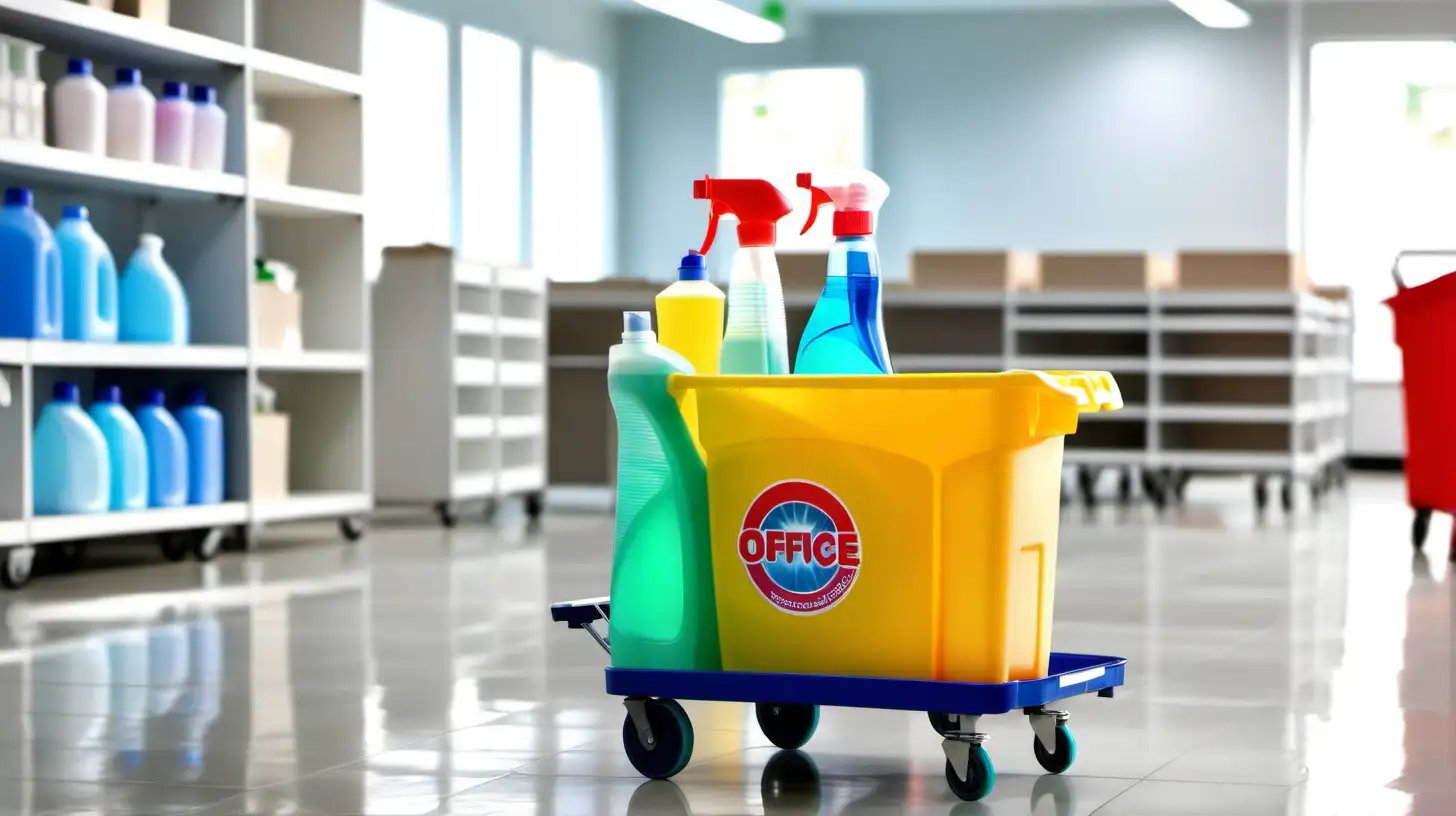 Office Cleaning Supplies Cart with Blurred Background