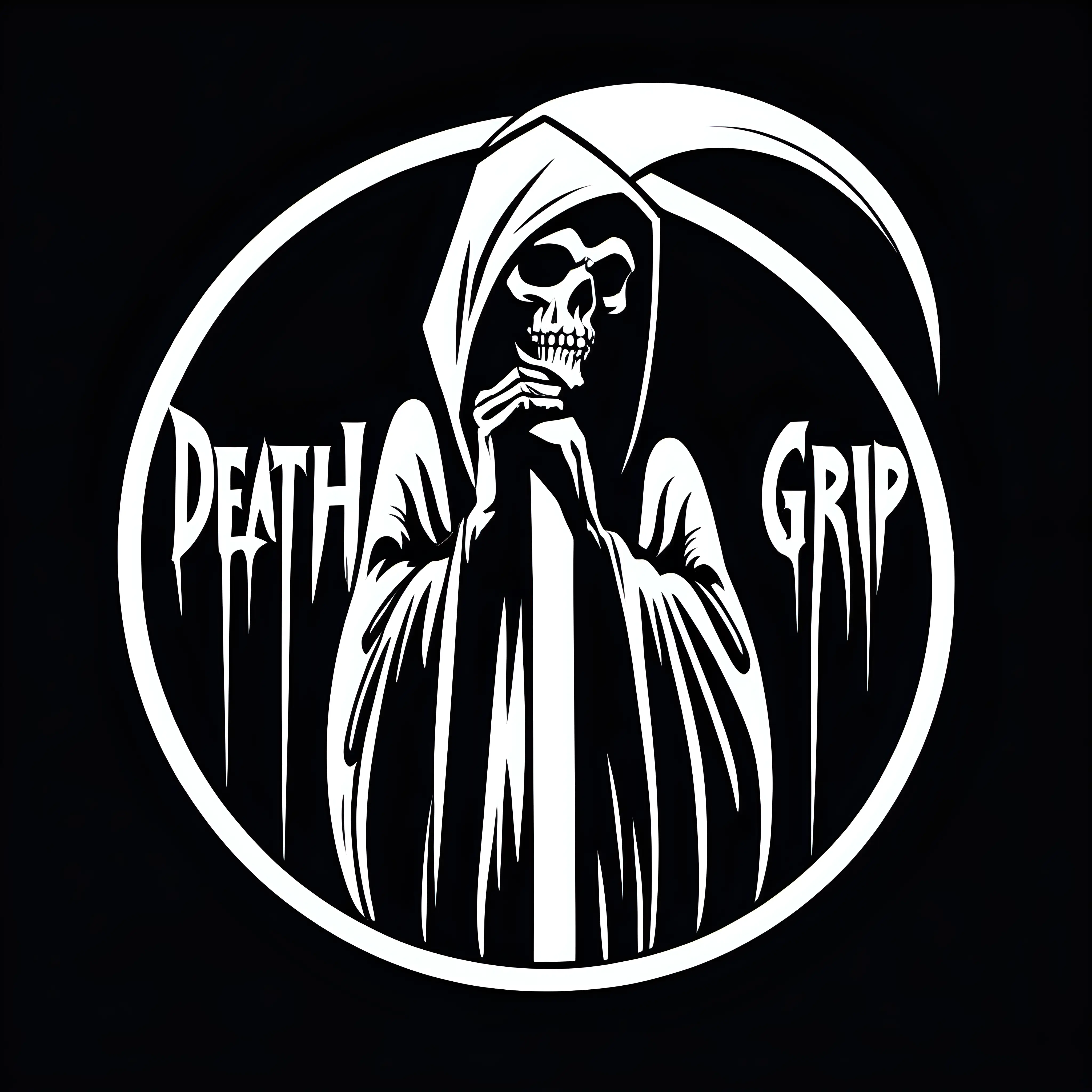1970s logo grim reaper "Death Grip", in the style of Jimbo Phillips, black and white, stencil, minimalist, simplicity, vector art, negative space, isolated on black background --v 5.2