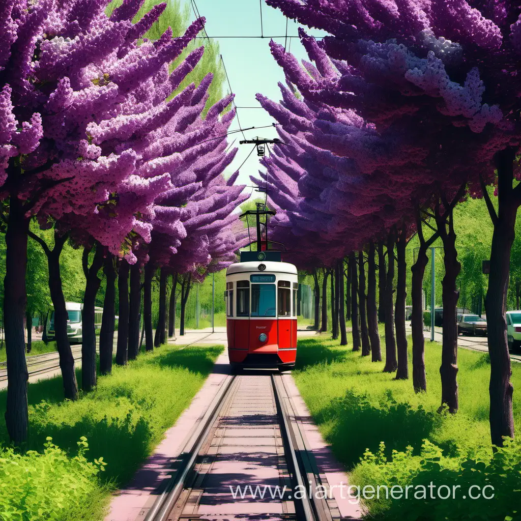 Лето, солнечная погода, зеленые деревья, кусты сирени, трамвайные пути, советский красный ретро трамвай