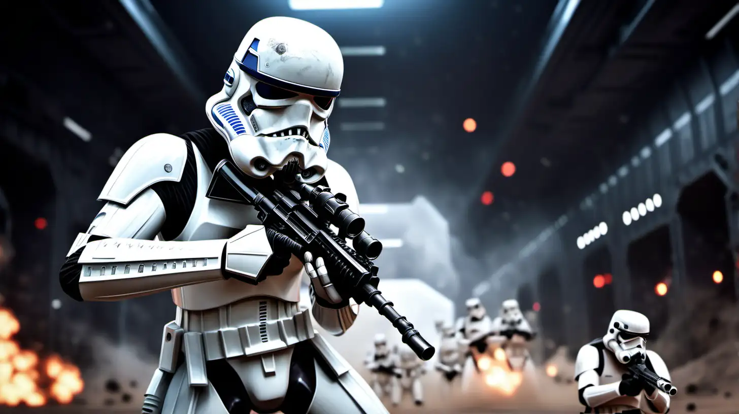 stormtrooper in a battle in the style of the game star wars battlefront 2