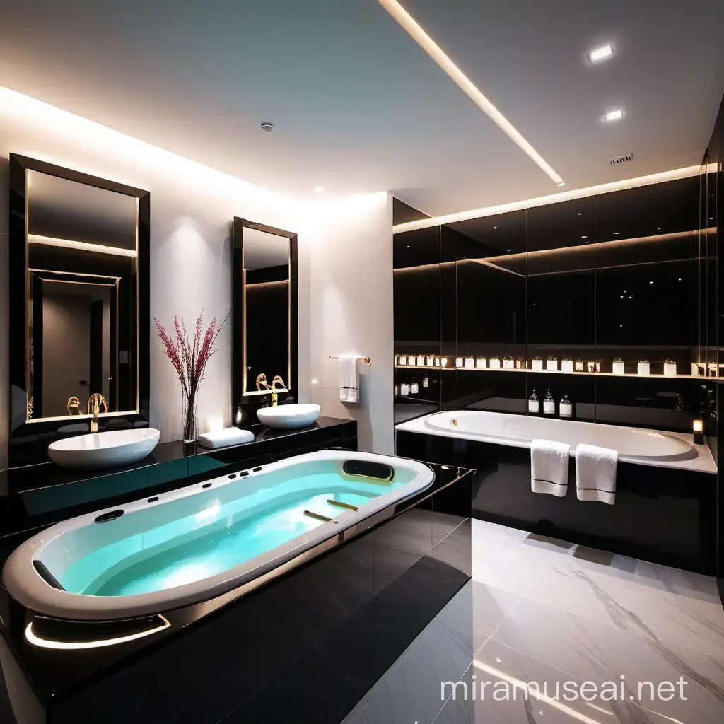 Elegant Nighttime Retreat Luxurious Washroom and Jacuzzi in Monochrome