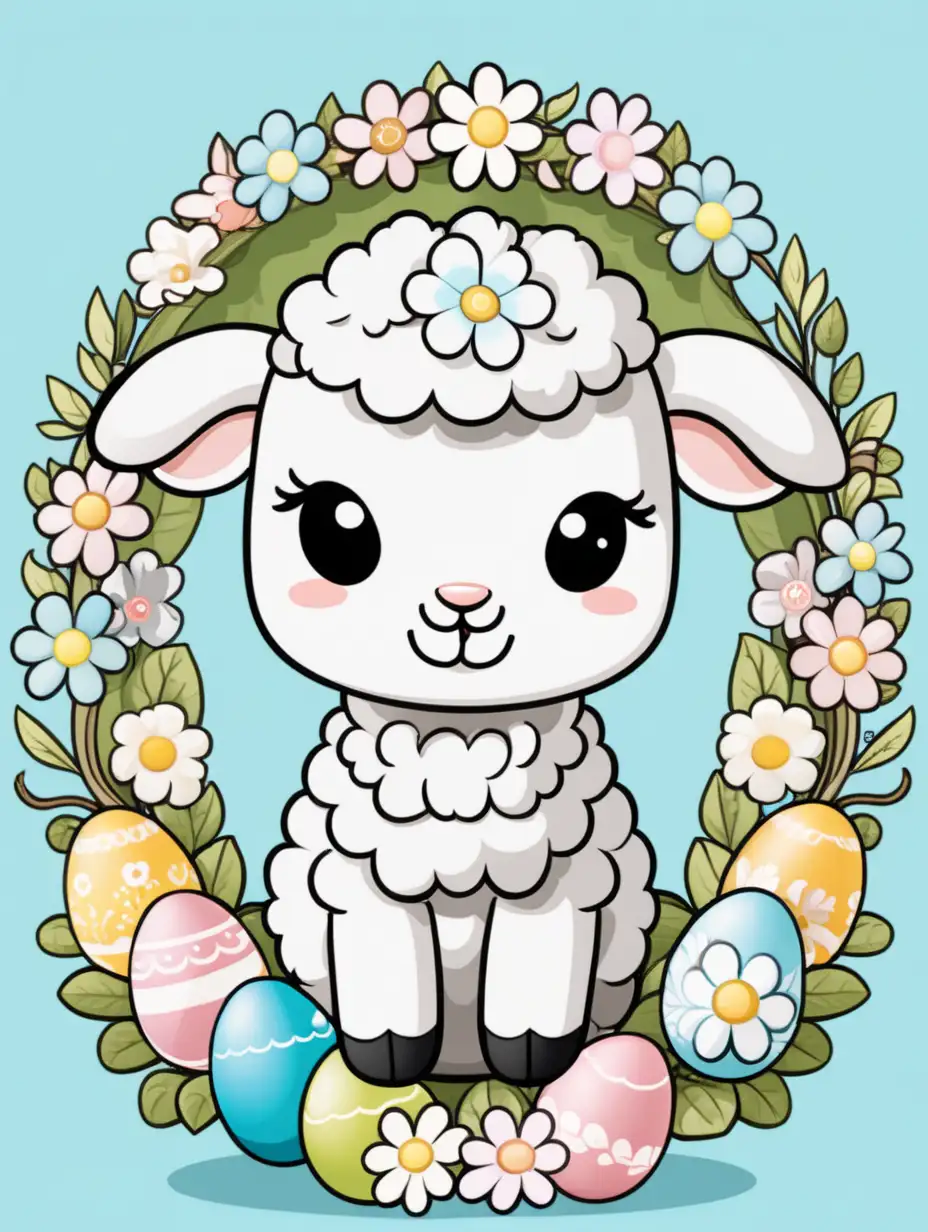 a kawaii lamb with Flower wreath  on his head easter eggs around cartoon 