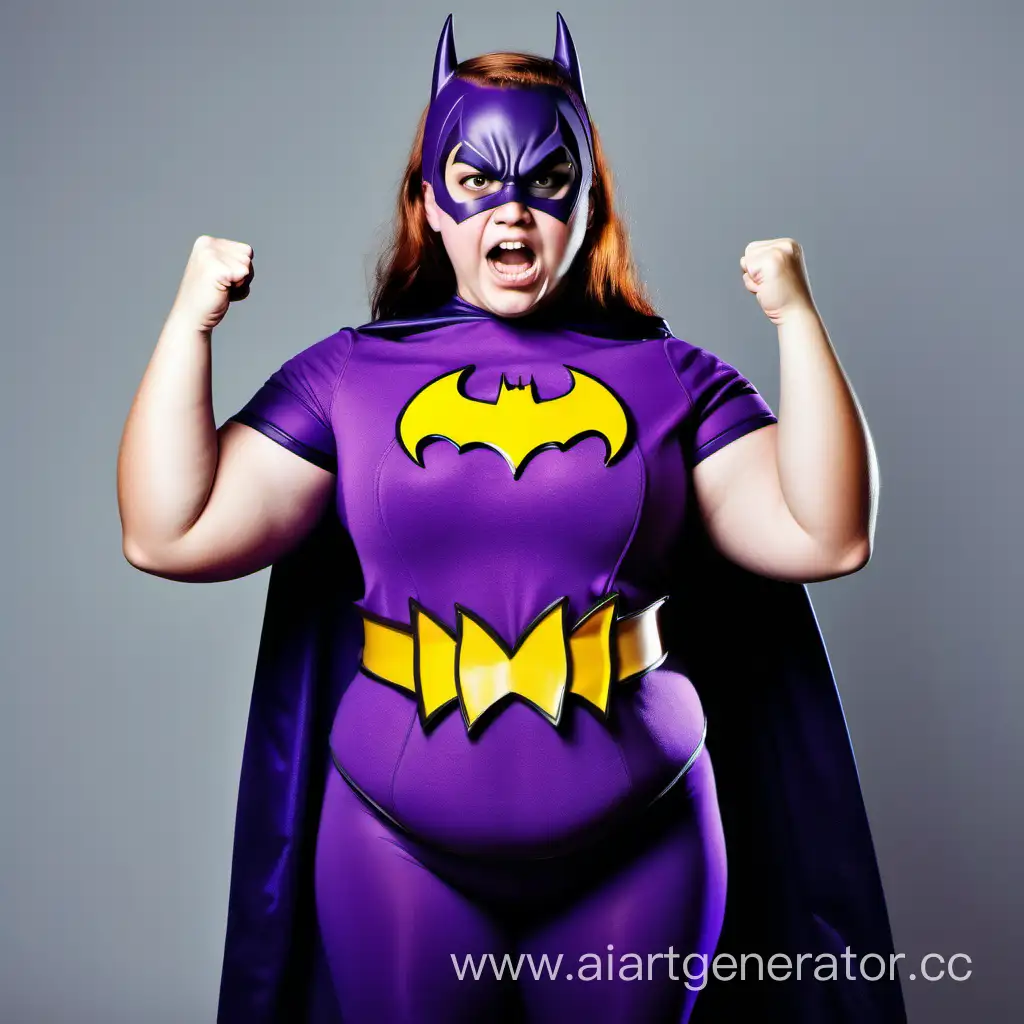 An angry plus sized Caucasian female teenager wearing a homemade purple Batgirl costume flexing her arms.
