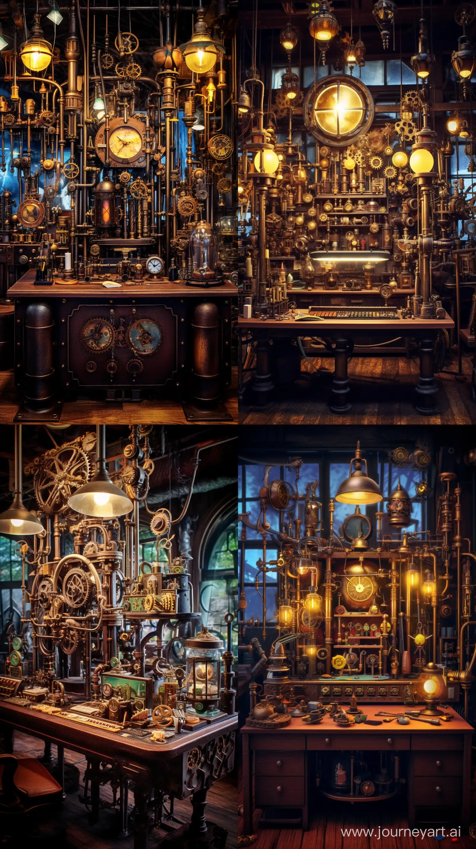 A steampunk inventor's workshop, medium: digital art, style: akin to the works of Kazuhiko Nakamura, lighting: artificial gas lamps, colors: dark wood and metallics, composition: Sony α1, FE 50mm F1.2 GM lens, ISO 200, f/4, shutter speed 1/60, prime lens --ar 9:16 --v 5.1 --style raw --q 2 --s 750