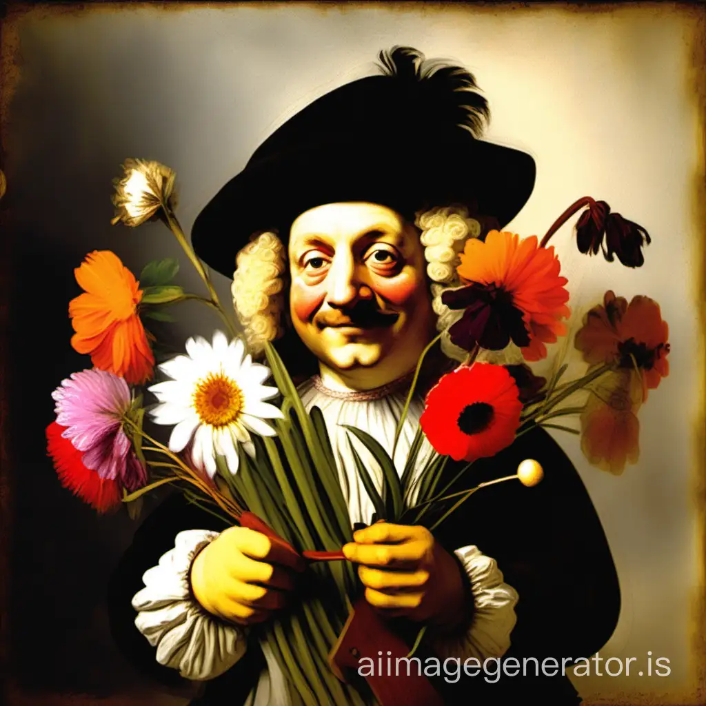 walley with flowers, brush and paints, Rembrant style