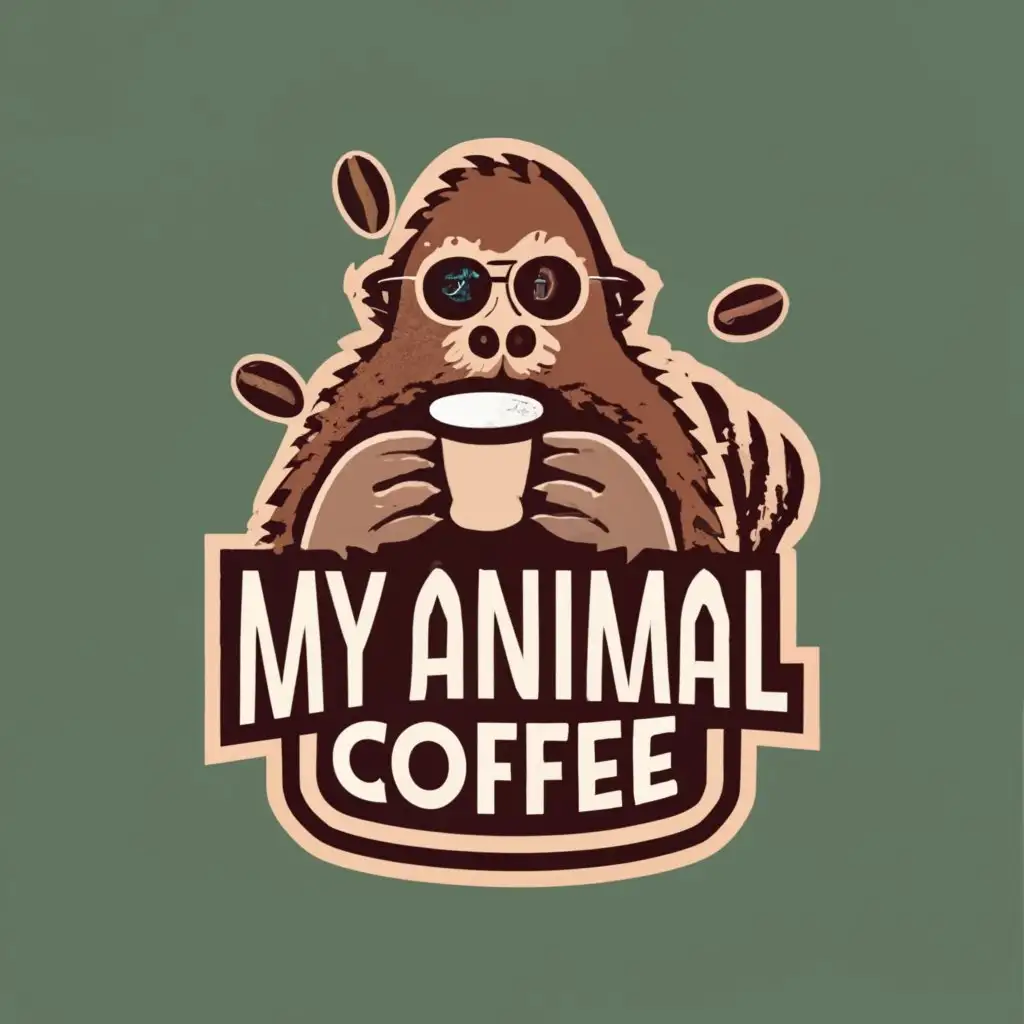 logo, MY ANIMAL COFFEE, with the text "My Animal Coffee", SASQUATCH IMAGE HOLDING COFFEE BEANS, typography, be used in Restaurant industry