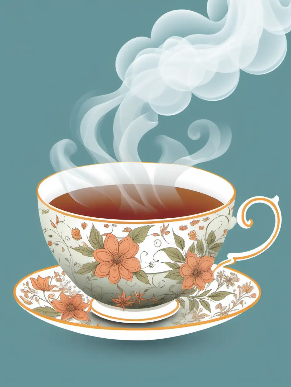 Elegant Floral Teacup with Steaming Hot Tea Clip Art Graphic