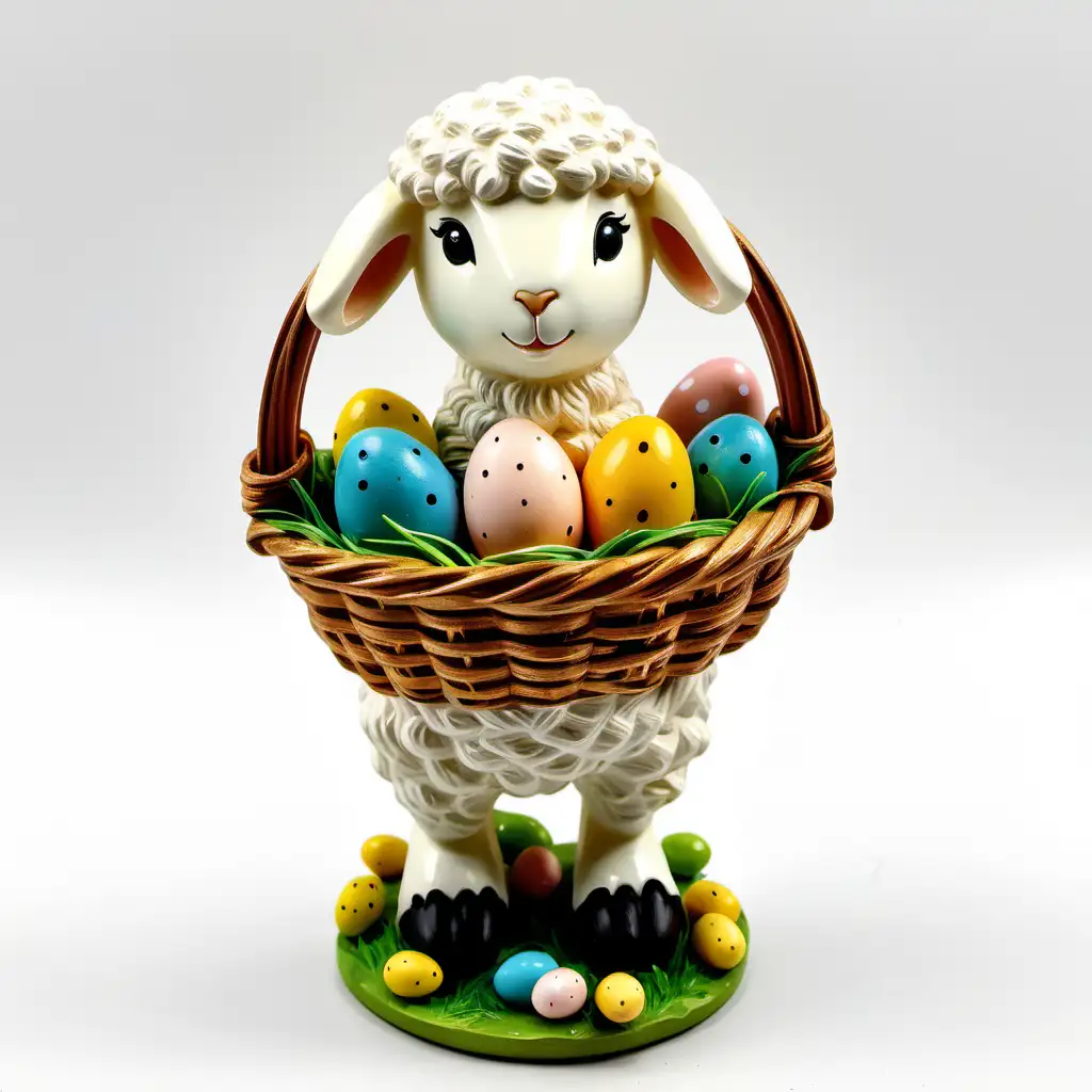 Easter Lamb Carrying Basket in Simple Resin Design on White Background