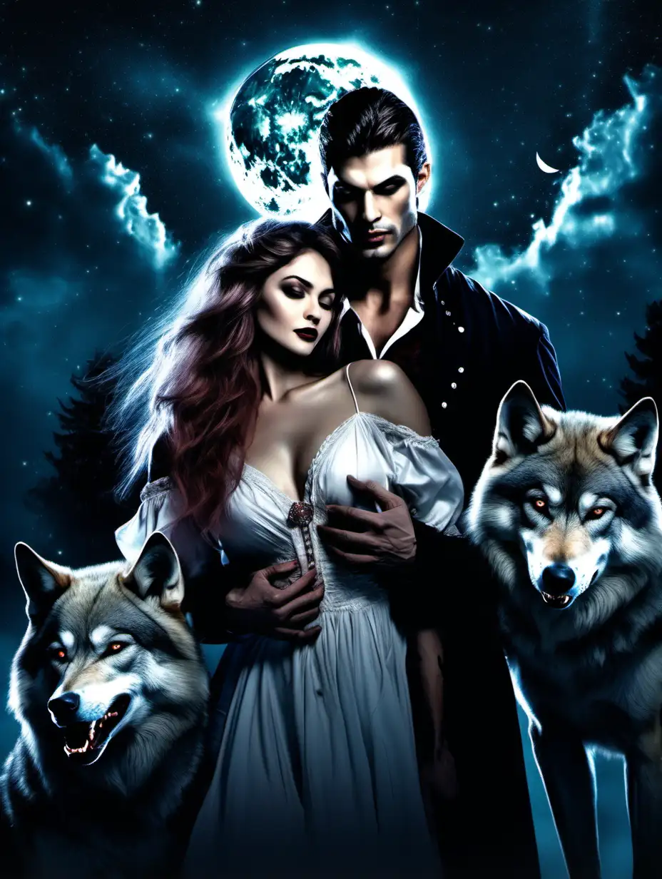 a realistic picture of a  handsome Vampire male holding a beautiful women with a two wolves in the background night sky with a visible moon