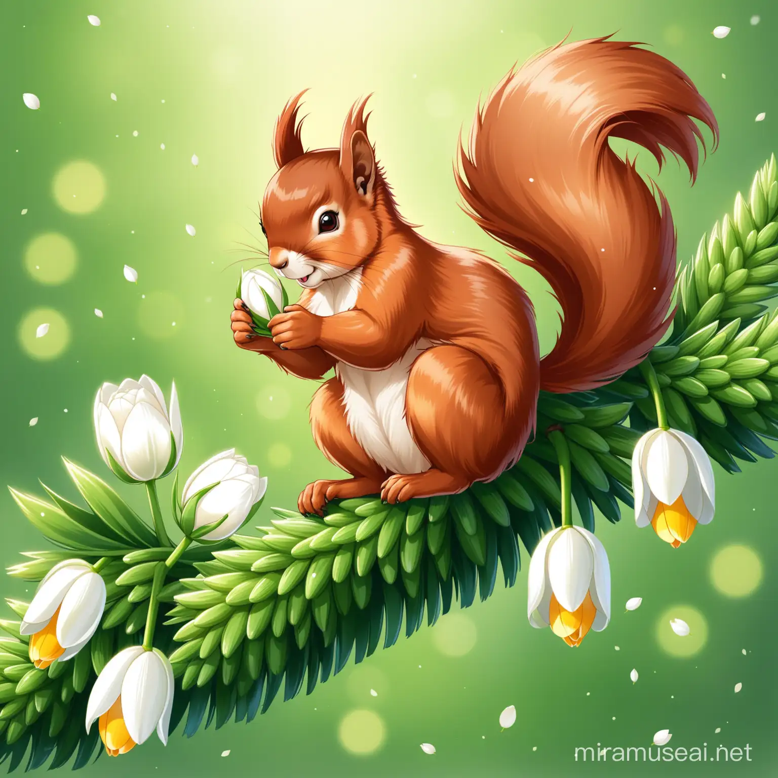Red Squirrel with White Tulips on Pine Branch