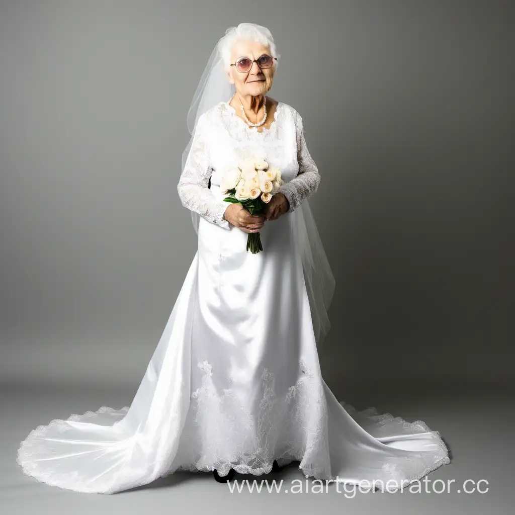 пожилая женщина в свадебном платье на белом фоне
