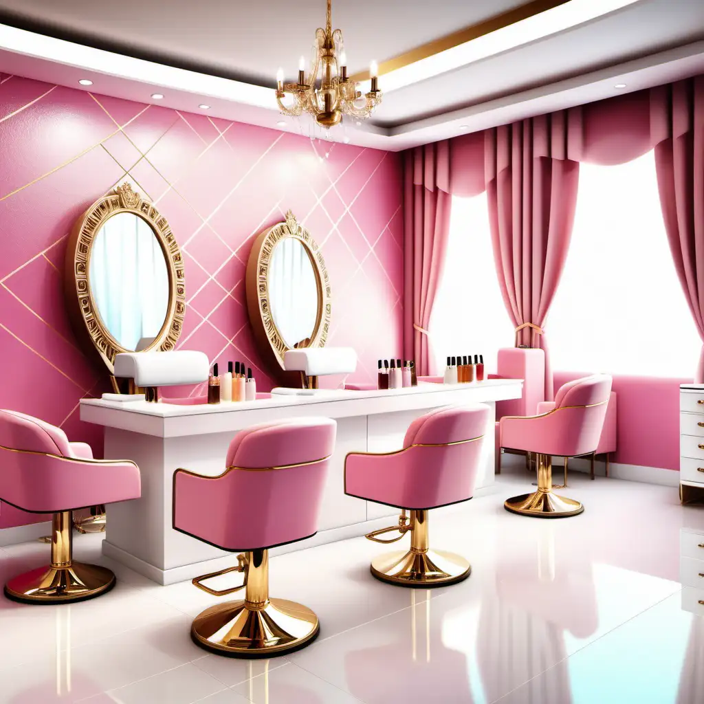 nail salon. background, realistic, pink, gold, white, luxury, tables, chairs, nail table, with client