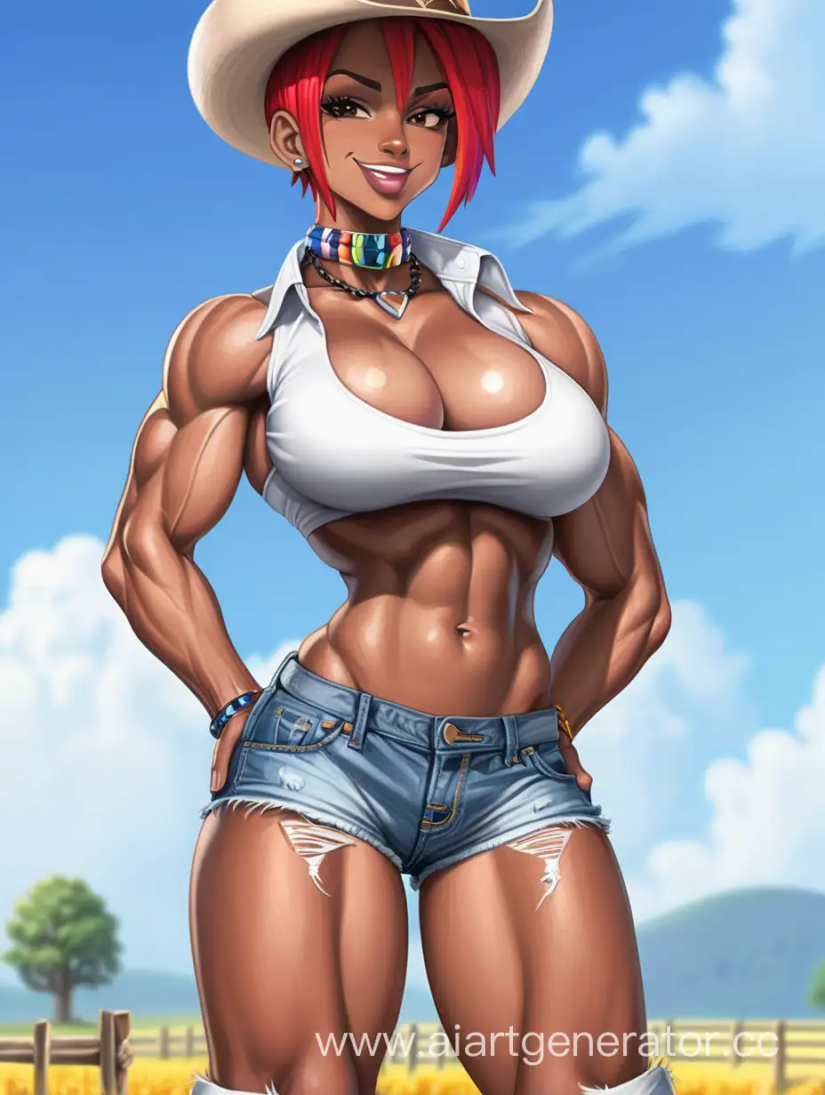 RainbowHaired-Woman-Standing-on-Farm-in-Cowboy-Hat-and-Jean-Shorts