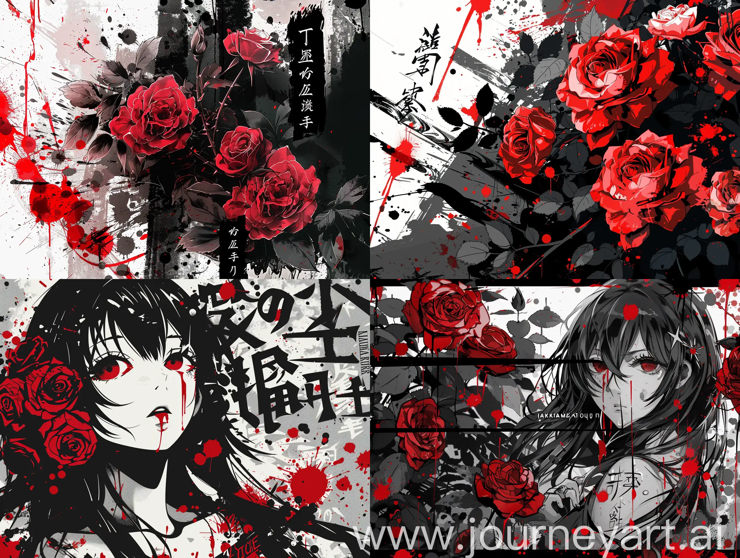 Banner for YouTube, anime style, akudama drive, pronounced red roses, in black red white tones, blood and crazy inscriptions