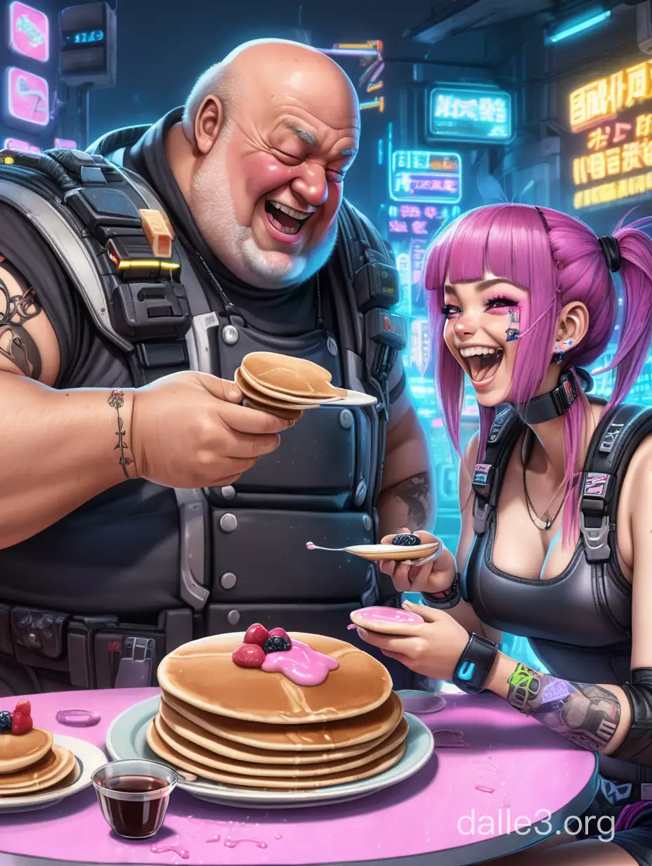 cyberpunk girl feeds pancakes to a fat laughing drunk man