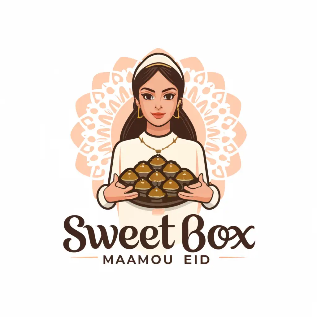 a logo design,with the text "Sweet box", main symbol:A woman holds Maamoul Eid,Moderate,be used in Restaurant industry,clear background