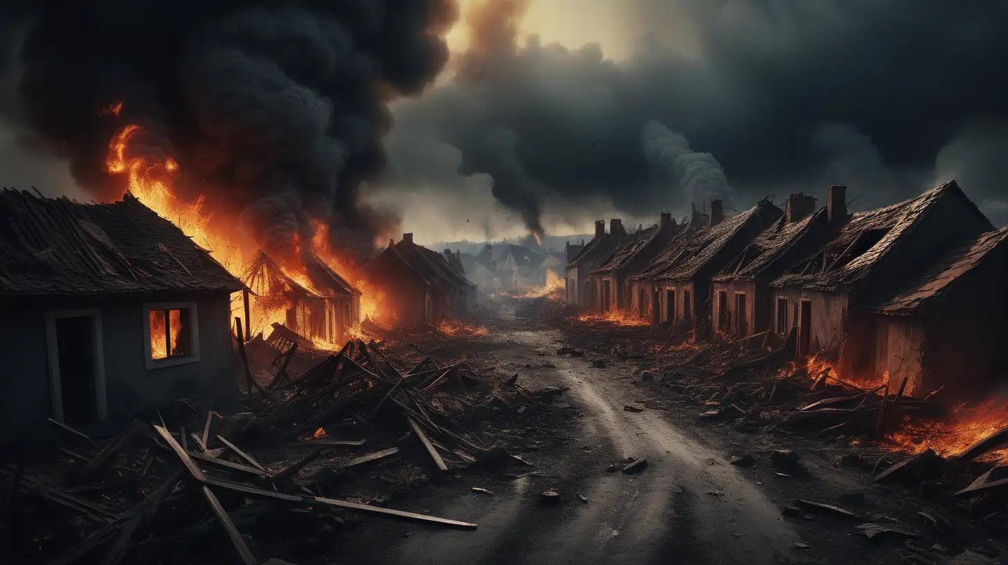 8k dramatic scene, a dramatic vivid illustration depicting the destruction of an old village by Nephilims. portray chaos and devastation with houses engulfed in flames, food spilled on the ground, and villagers running in panic. the atmosphere filled with screams and frantic movement. emotions of distress and terror, use dark cinematic colors, Highlight the contrast between the serenity of the village and the sudden onslaught of destruction, landscape view, use dark cinematic colors