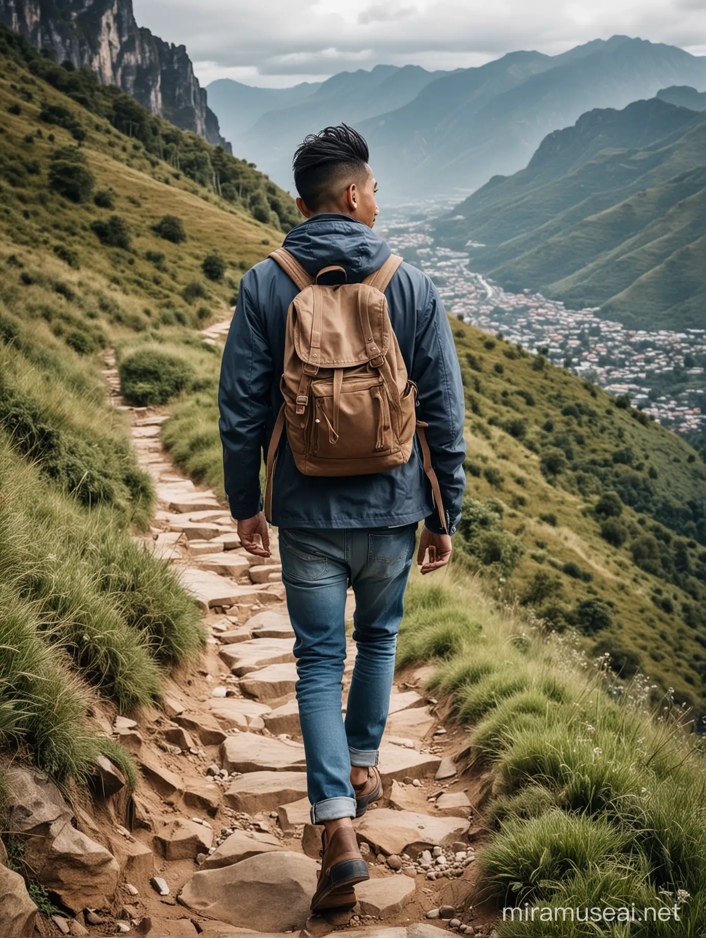 Fotografi pria indonesia umur 25 tahun,rambut undercut bun hair, baju kaos dan jaket parka, celana jean biru,sepatu kulit,membawa tas ransel yang besar, menuruni dataran curam, lokasi sebuah gunung yang indah 