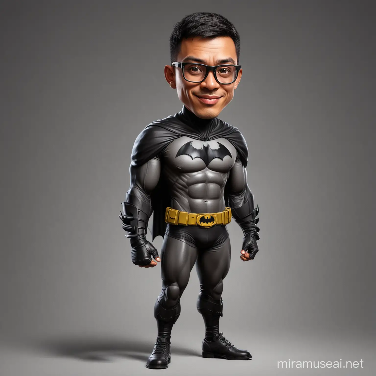 caricature potrait full body, A 29 year old Indonesian man, short thin hair, big head, wearing glasses, wearing a batman outfit, Holding a batman mask, realistic.