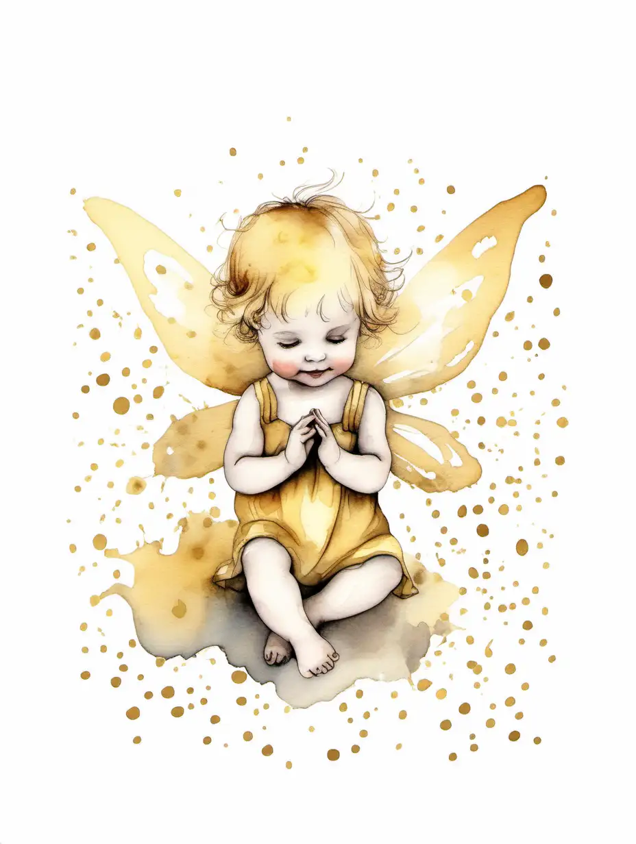 Charming Baby Fairy Sprinkling Gold Dust in a Minimalistic Watercolor Scene