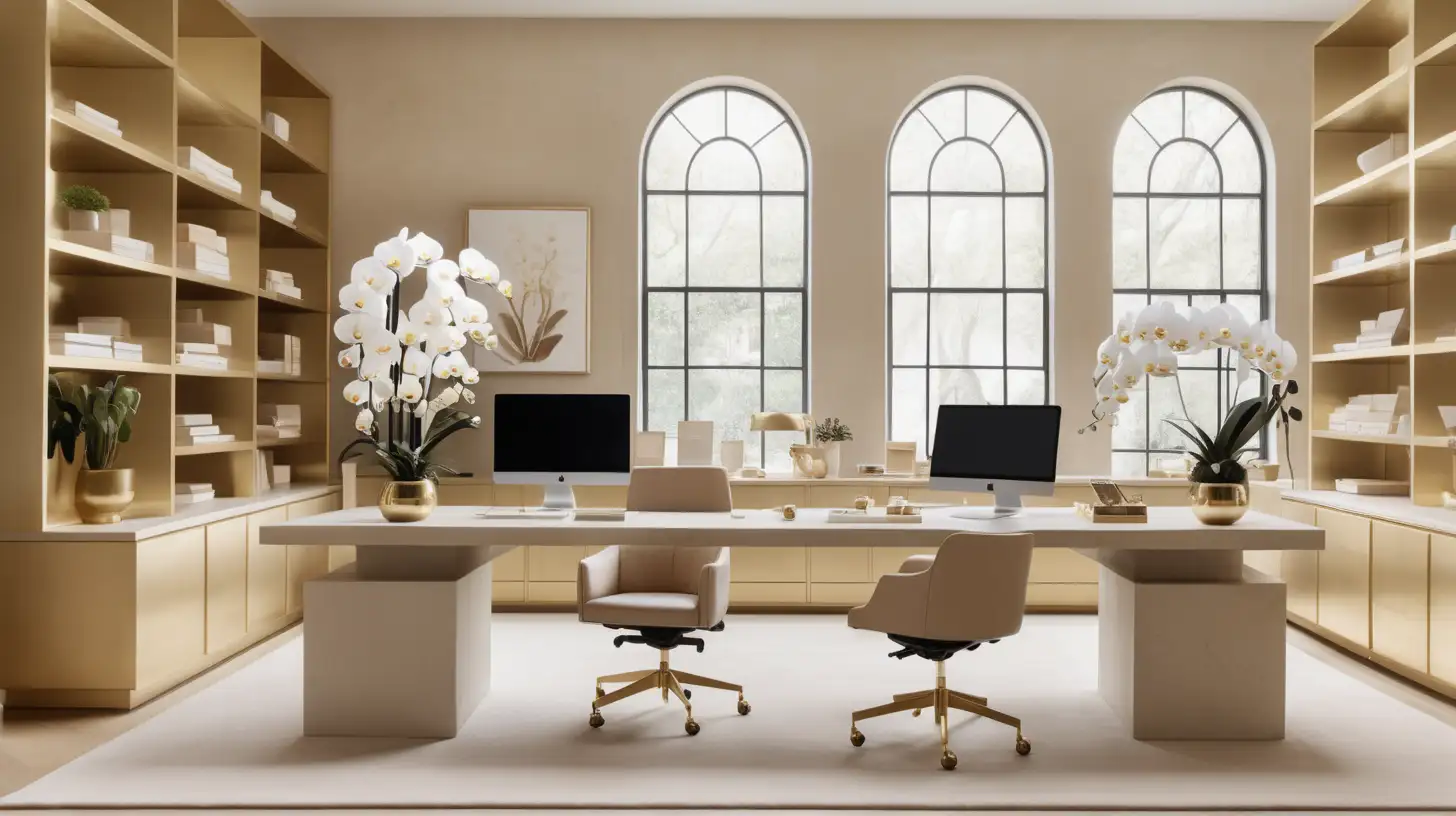 a Hyperrealistic image of a design firm large open workspace; partners desk with computers;  limestone plinth with brass vase of faux orchids; built in light oak and brass wall display shelving units; curved beige rug; beige, light oak, brass, ivory colour palette palette