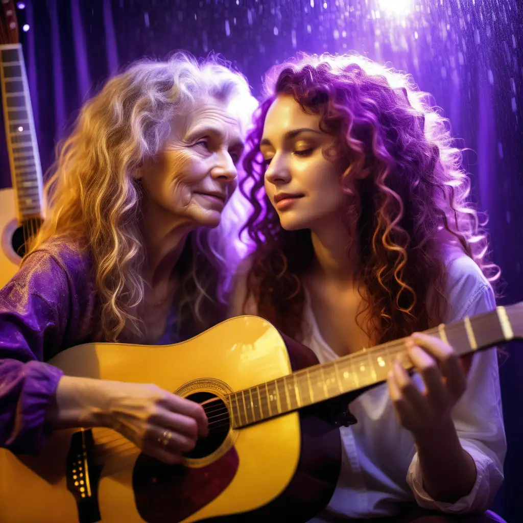 young woman with long light brown curly hair looking into a mirror of herself as an older woman with a longing and loving look on their face while playing acoustic guitar and surrounded with an atmosphere of purple with golden rain
