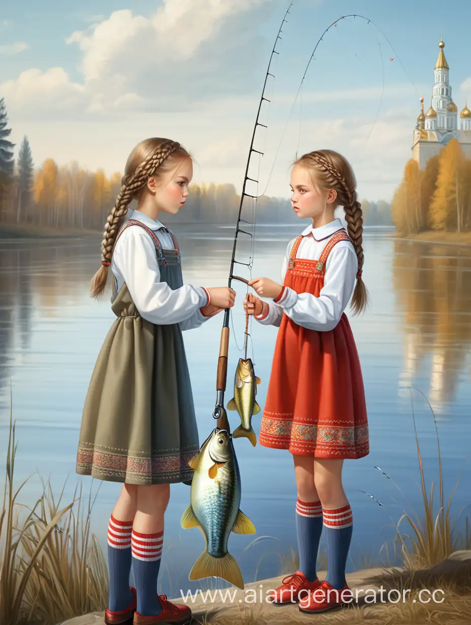 Девушки в спущенных носках и русском национальном мини-платье с длинными рукавами и косичками рыбачат, полный рост