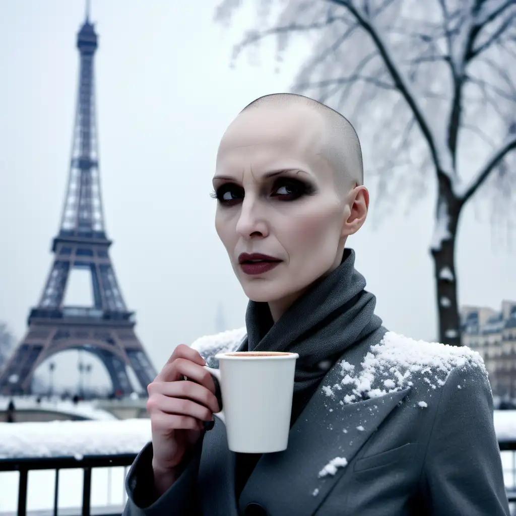 Lord Voldemort as a women, femine, sexy, drinking coffee in paris, eiffel tower in background, snowing, winter, ultra realistic, bald no hair, 