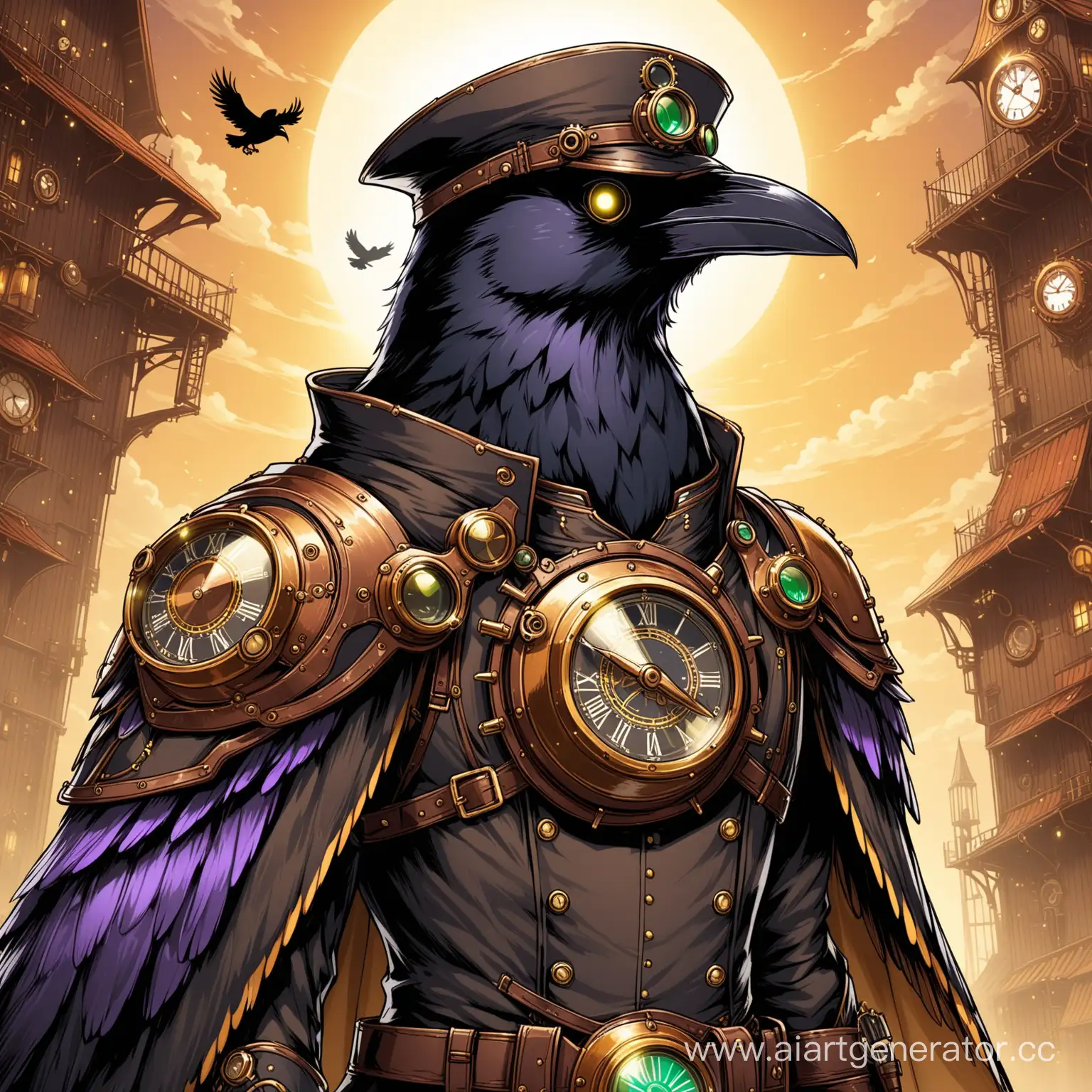 Steampunk-Raven-Paladin-Perched-on-Clockwork-Tower