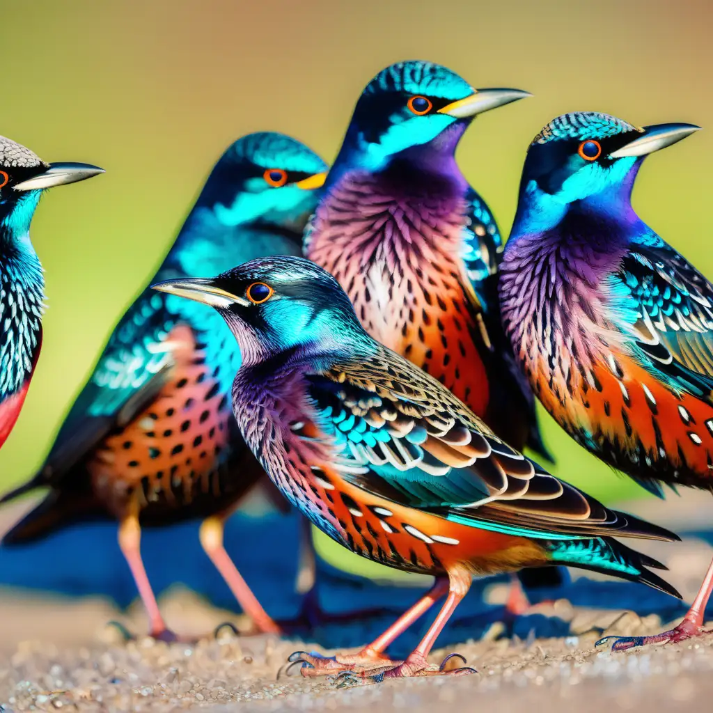 Bright colorful close up picture of a group of starrlings
