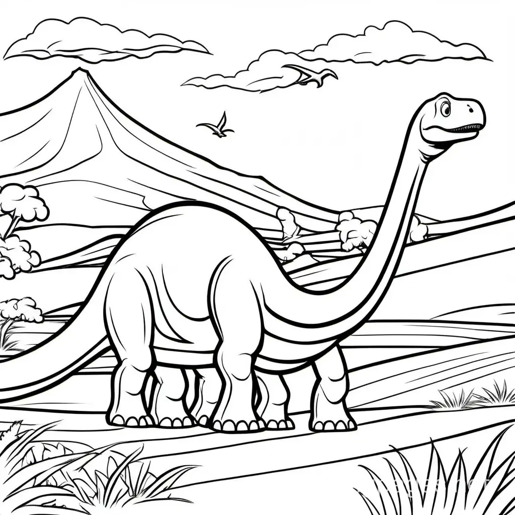 "Design a page featuring a Diplodocus family migrating across a vast plain." coloring page black , Coloring Page, black and white, line art, white background, Simplicity, Ample White Space. The background of the coloring page is plain white to make it easy for young children to color within the lines. The outlines of all the subjects are easy to distinguish, making it simple for kids to color without too much difficulty