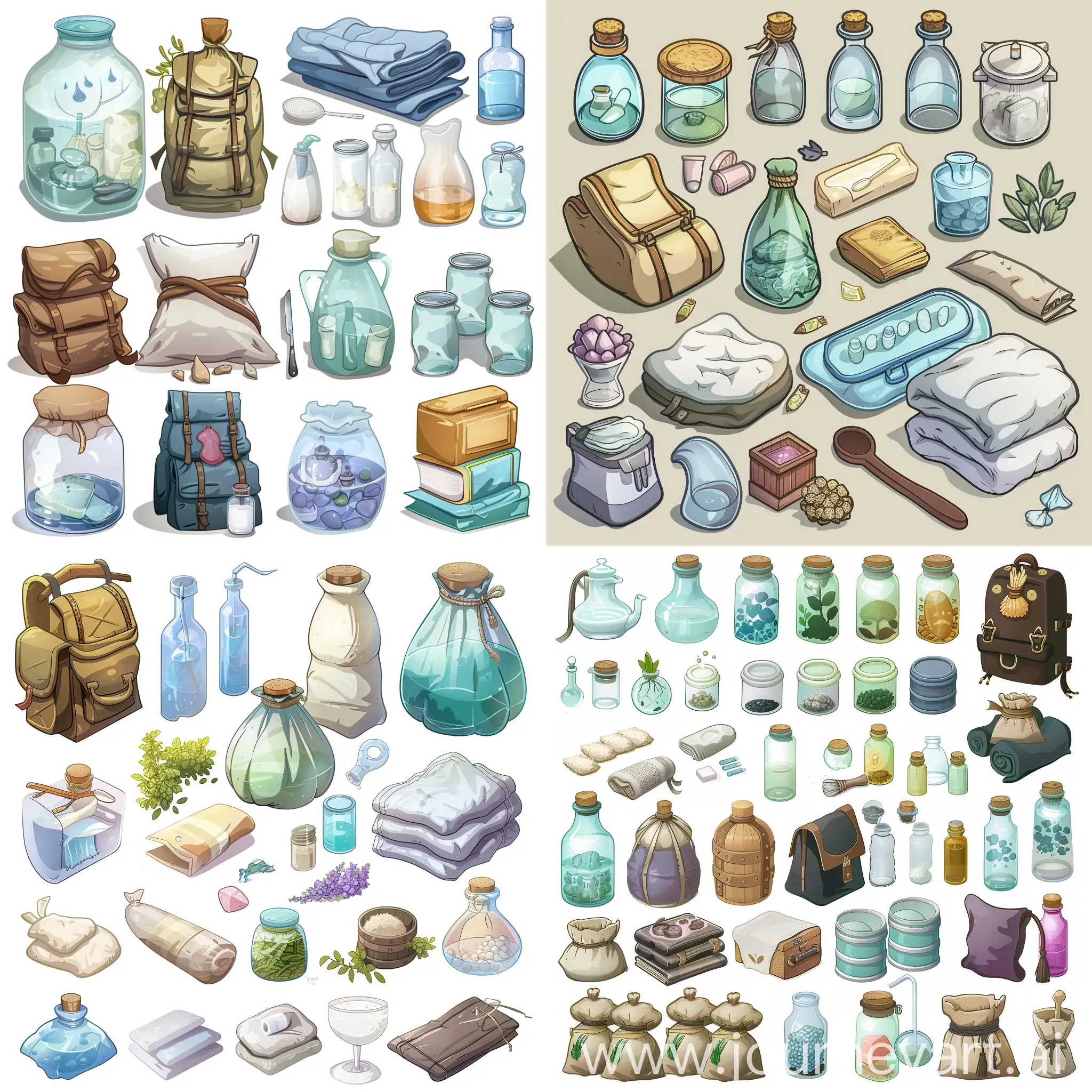 simple 2D illustration, 2D set of assets,  game backpack battles, magic household setting with various items and practices aimed at minimizing exposure to endocrine disruptors. Include visual elements such as glass containers, natural soap, wool or cotton bedding, filtered water, and other alternatives to common household items that may contain harmful chemicals, cartoon style