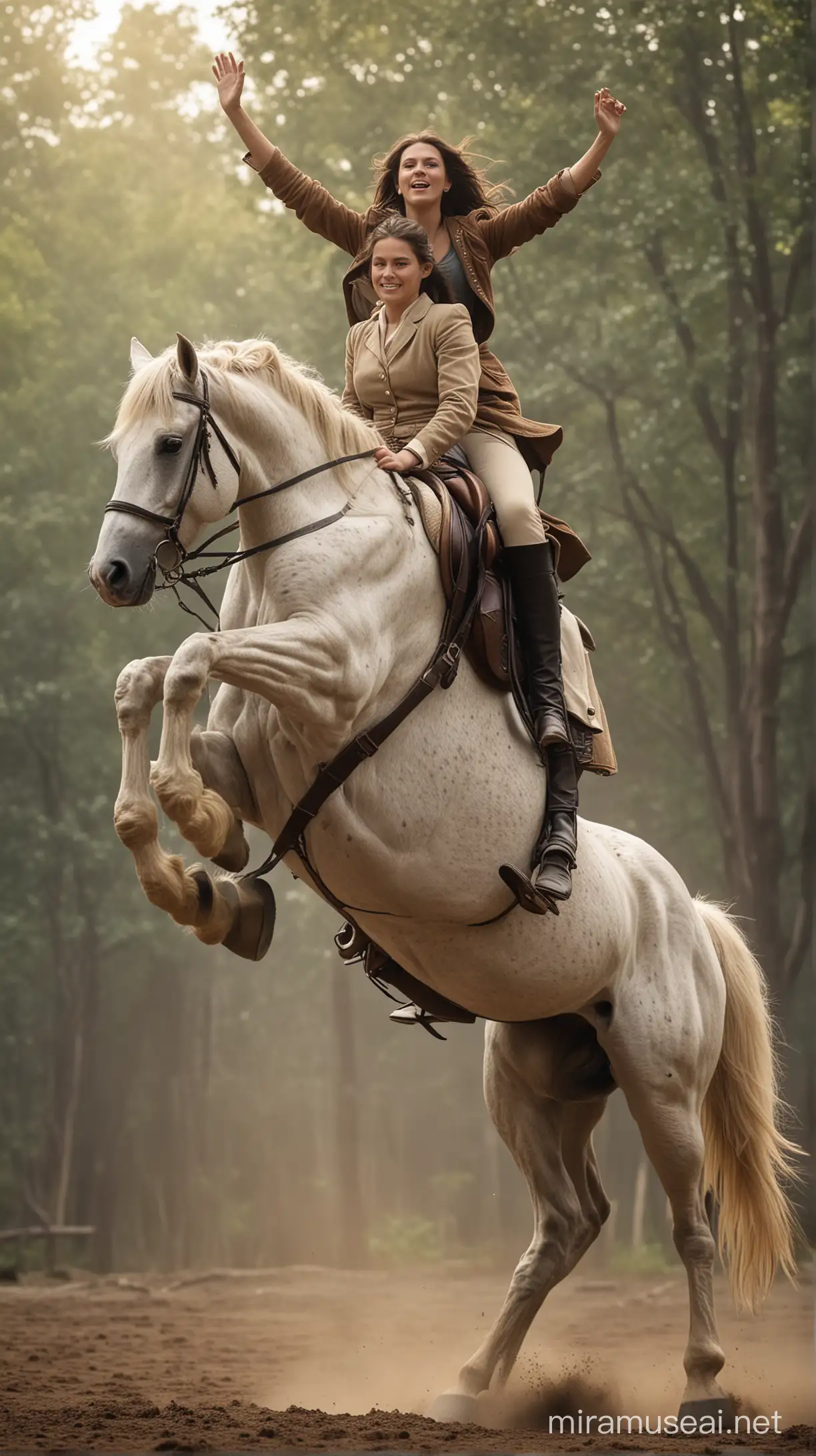 the lady tall and boy ride horse, the horse's legs are in the air and that lady sitting on it, and the boy is holding onto the horse, and maybe he can even sit with the lady. But I'd say, to create an incredible scene, horse showing some crazy action would make it amazing