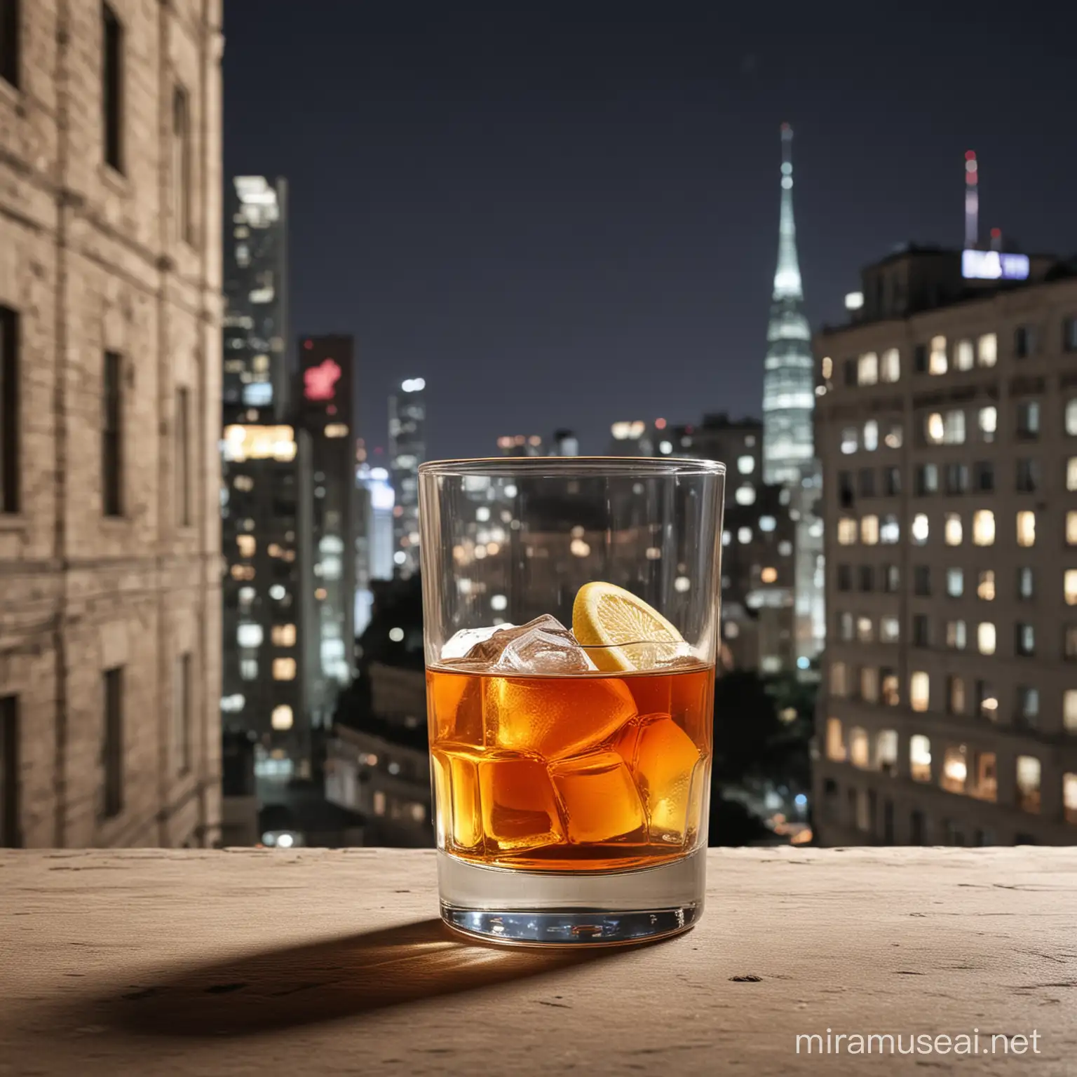 adv for drink in a glass with urban background