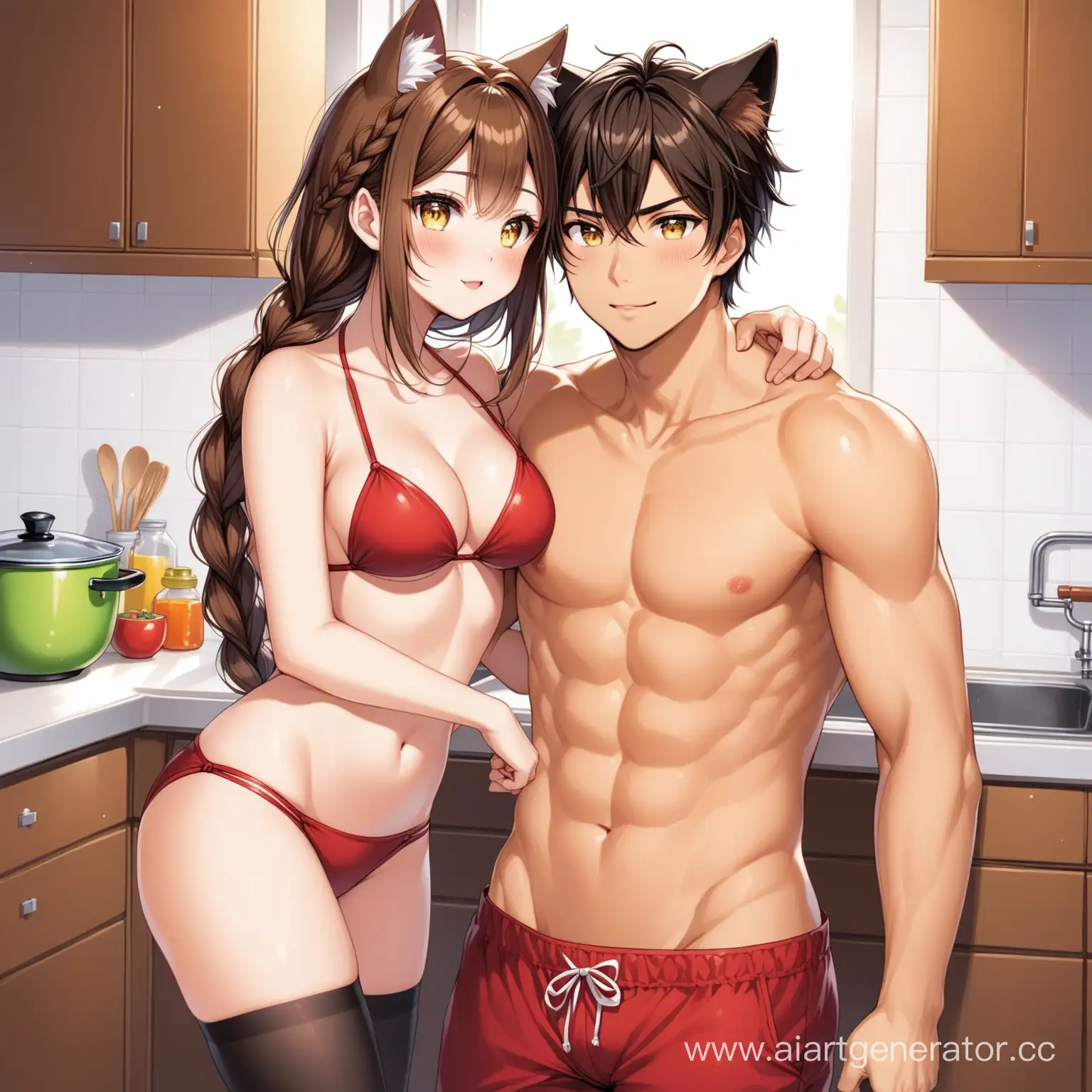 Catgirl yellow eyes brown hair (one short braid), brown cat ears, red bikini, black stockings, and her boyfriend in the kitchen 