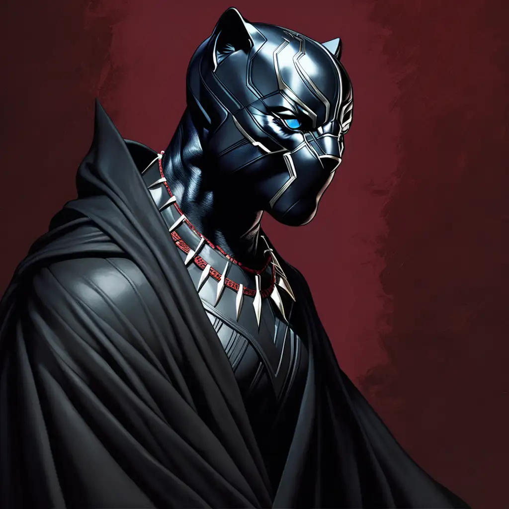 Black panther, head down, wearing all black robe, Renaissance, dark red background