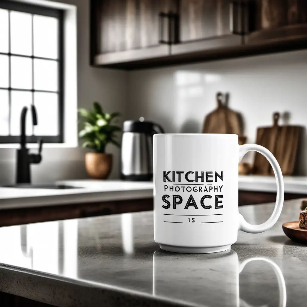 award winning photography of a kitchen counter space with a white 15oz coffee mug
