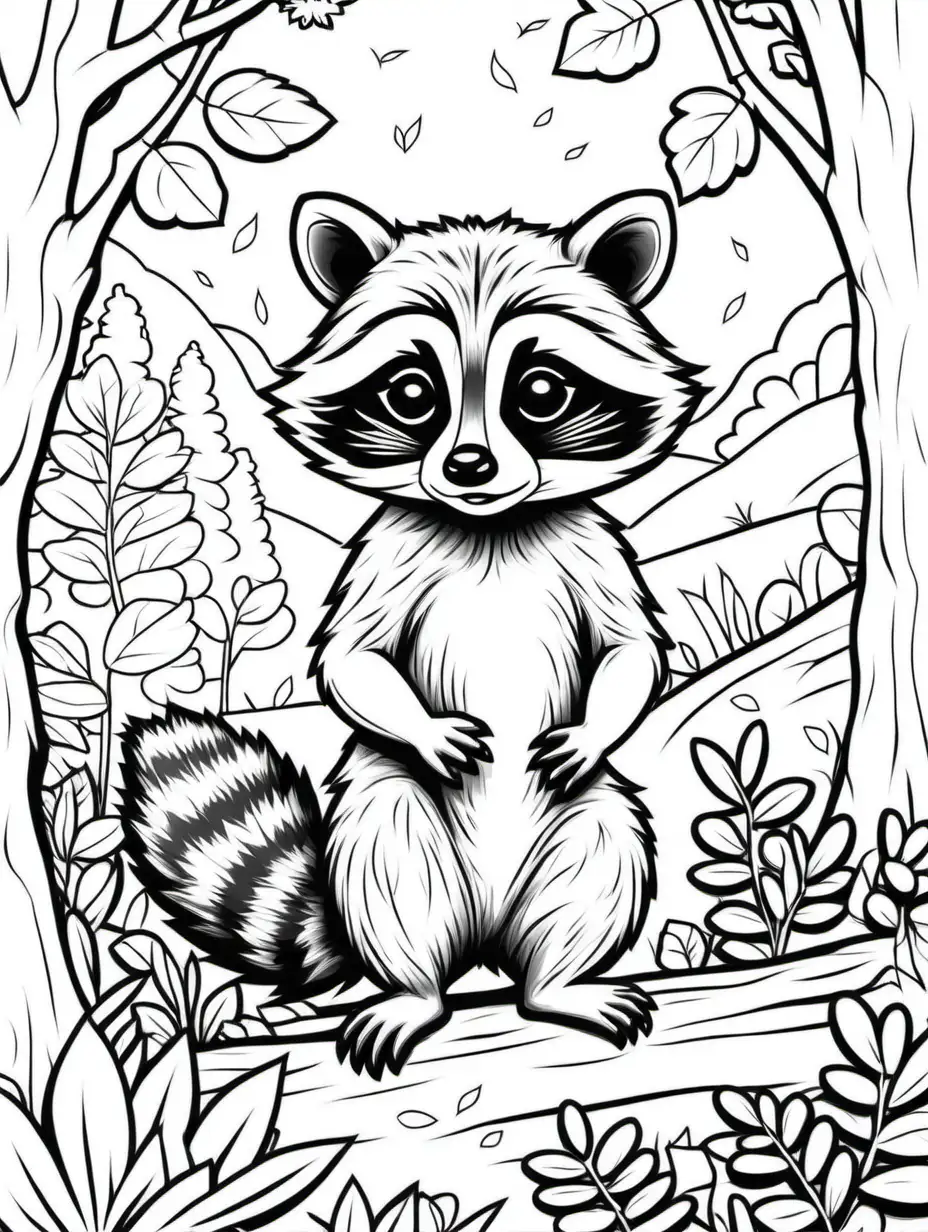 Nature Coloring Page for Children Playful Raccoon in Black and White