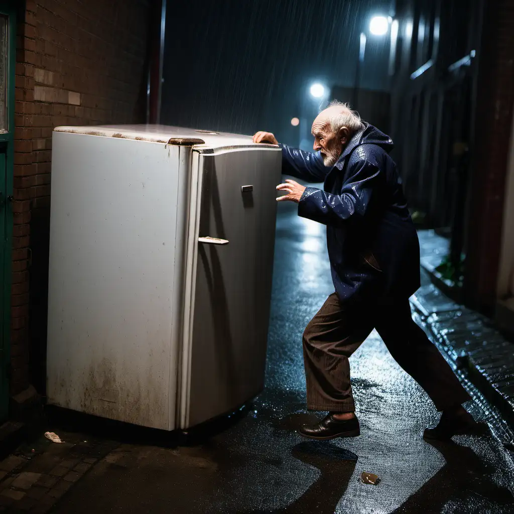 old man kicking an old refrigerator in a backstreet at night in the rain
