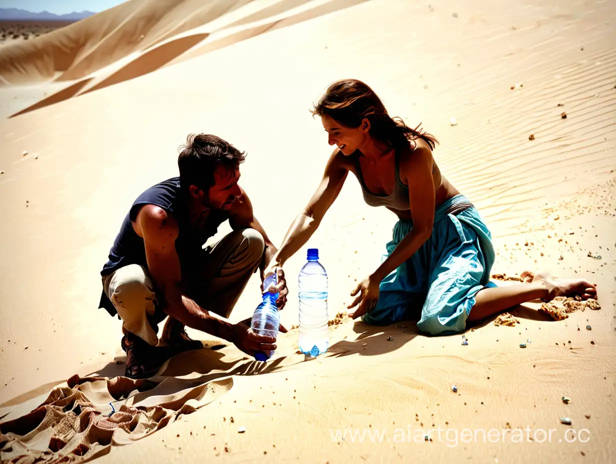 В пустыне женщина дает бутылку с водой мужчине, который лежит на песке