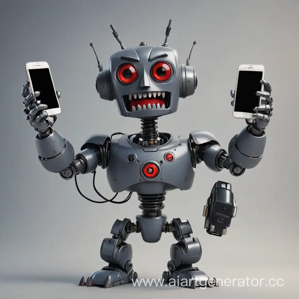 злой робот держит в руках телефоны 