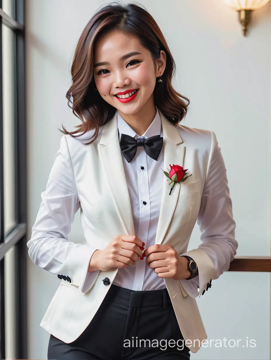 A smiling and laughing Vietnamese woman with shoulder length hair and red lipstick. She is wearing a white dinner jacket over a white shirt with French cuffs and black cufflinks. Her bow tie is black. Her corsage is a red rose. Her pants are black. Her jacket is open.